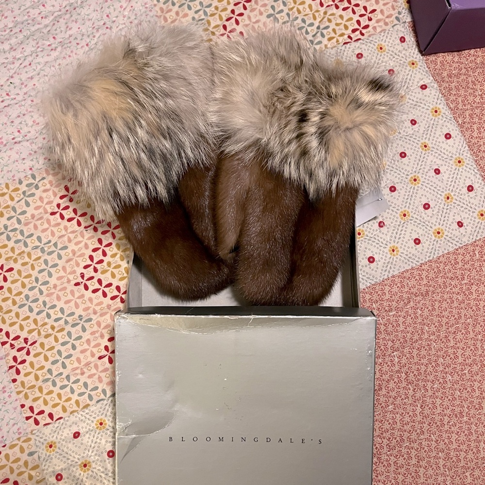Bloomingdale's Mink, Fox and leather mittens
